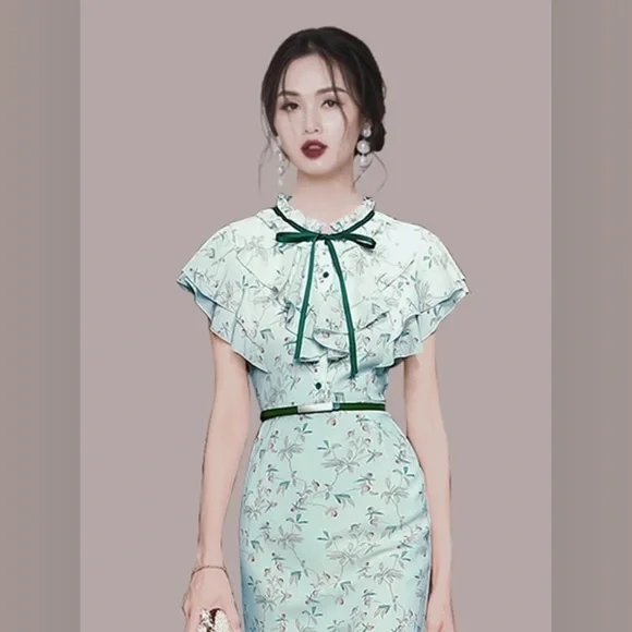 korean chiffon boho dress DAZY Women's Chiffon Korean Vacation Retro Chinese V-Neck Long Sleeve Midi Dress  Boho
